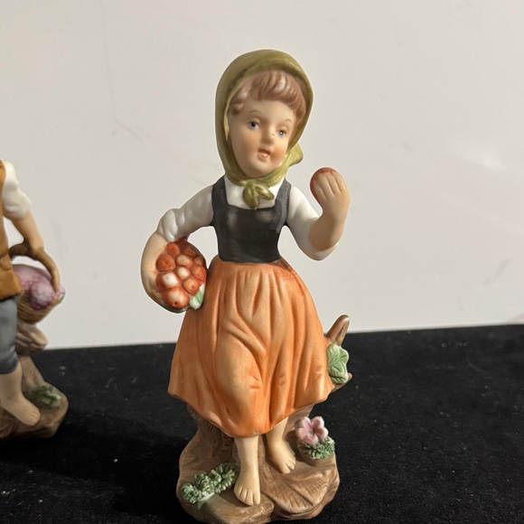 vintage hand-painted porcelain figurines of a boy and girl carrying baskets. - Picture 12 of 16